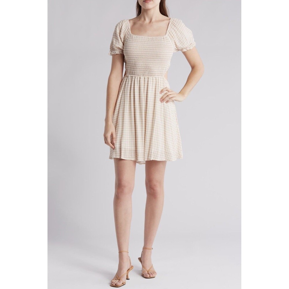 Rachel Parcell Open Back Smocked Mini Dress M Tan Micro Gingham Puff Sleeve NWT